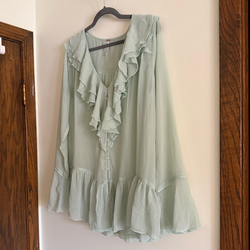Free People Callie Sheer Flowy Light Green Ruffled Tunic Blouse Boho Drapey Chic - Picture 3 of 10